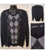 Claiborne Mens XXL Sweater 2XL Black V-Neck Argyle Gray 100% Cotton Chrl... - $326.39 MXN