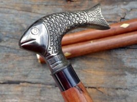 Antique Brass Fish Head Handle Nautical Victorian Wooden Cane Walking Stick Gift - £29.66 GBP