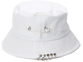 Bucket Hat Metal Hoop Punk Hip Hop White Unisex Fisherman Cap Casual Panama Rare - £13.32 GBP