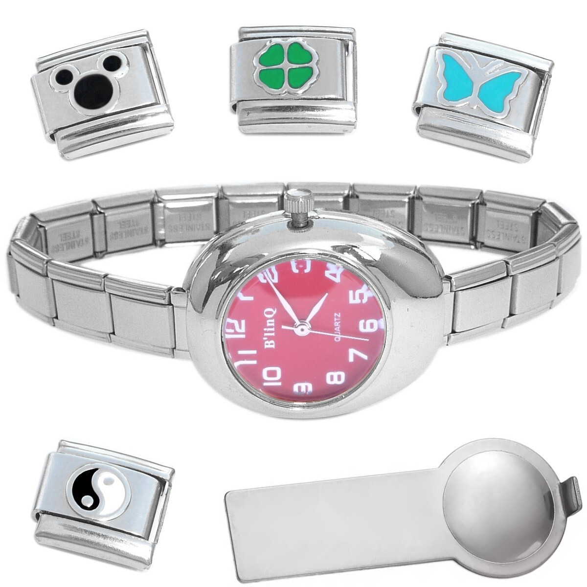 Crimson Oval Italian Charm Watch Bracelet Plus Charm Tool &amp; Enamel Charms - $18.69