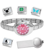 Crimson Oval Italian Charm Watch Bracelet Plus Charm Tool & Enamel Charms - $18.69