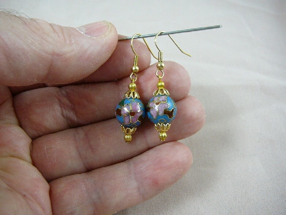 Primary image for (EE600-320) 12 mm BLUE white flower CLOISONNE dangle EARRINGS Jewelry