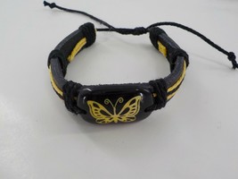 Best Friend Tribal Bracelet Black Leather Cuff Yellow Butterfly AdjustableThread - £7.10 GBP