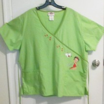 Betty Boop Lime Green Wrap Scrub Top Cherries Puppy Side Ties 65% Polyes... - $183.03 MXN