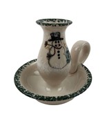 Vintage Green Speckled Snowman Candle Holder Handle Stoneware Holiday Ch... - £12.04 GBP