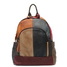 Vintage Leather Colorful Patchwork Women Backpack Zip Casual Shoulder Ba... - $139.08