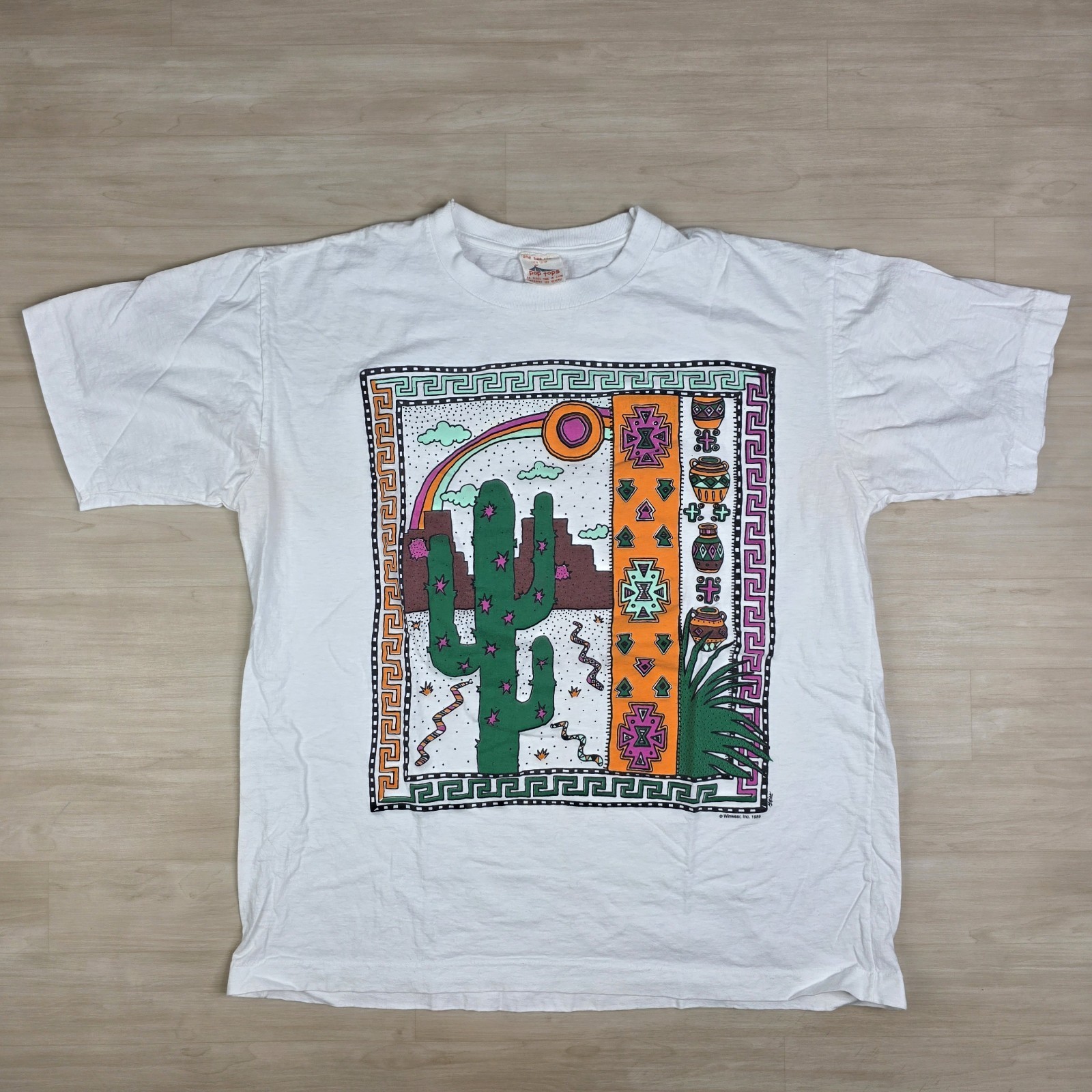 Vintage 1989 Pop Tops Cactus Desert Art Shirt Single Stitch White Size L... - £29.75 GBP