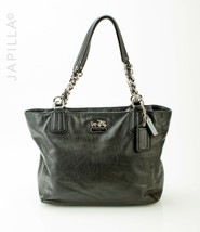 Elegant Black Coach Madison smooth leather chain link shoulder bag tote! - $122.76