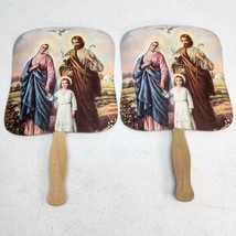 2 Vtg Religious Handheld Paper Fan HOLY FAMILY Jesus Mary Joseph Advertising Fan - £11.35 GBP