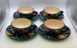 Set Of 4 Emaux De Longwy French Enamel Floral Cups &amp; Saucers - £319.73 GBP