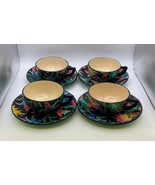 Set of 4 EMAUX DE LONGWY French Enamel Floral Cups &amp; Saucers - $399.99