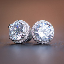 2Ct Round Cut D-E/VS1 Moissanite Set Halo Stud Earrings 14K White Gold Over 925 - £89.91 GBP