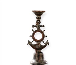 Ship Wheel Candlestick Holder 15" High Nautical Resin Boat Anchor Tapered Candle