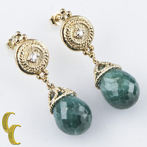 14k Yellow Gold Briolette Emerald &amp; Diamond Earrings TDW = .04 ct TEW = ... - £1,095.08 GBP