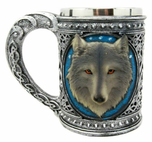 Large Celtic Blue Alpha Gray Wolf Mug Stainless Steel Rim Resin 18oz Cup - $30.99
