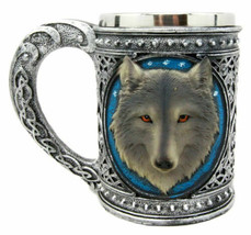 Large Celtic Blue Alpha Gray Wolf Mug Stainless Steel Rim Resin 18oz Cup - £24.22 GBP