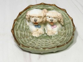 Vintage German Bisque Figurine Puppy Dogs in A Wicker Basket Cocker Span... - $41.58