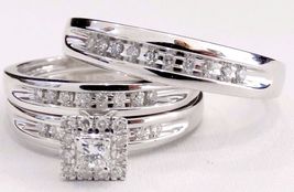 1.50Ct White Gold Finish Men Women Princess Cut Diamond Wedding Trio Ring Set - £89.67 GBP