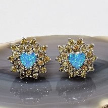 Silver Plated Blue Faux Opal Heart &amp; Yellow Crystal Flower Stud Earrings - £13.54 GBP