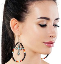 Black Bead Teardrop Turquoise Bead Cross Dangle Burnished Silver Hook Earrings - £27.41 GBP