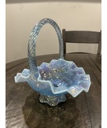 Vtg Fenton Basket Blue Iridescent Opalescent Fan Scalloped Glass Crimped... - $108.30 CAD