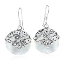 Elegant Flowers on a Vine White Shell Circle Sterling Silver Dangle Earrings - £18.82 GBP