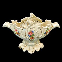 Pauls Gifts Porcelain Footed Floral Console Planter Vase Bowl Roses Gold Vintage - £15.29 GBP