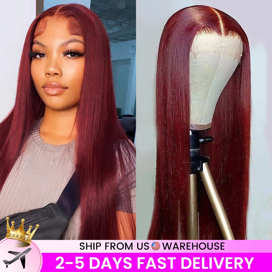 Peruvian Straight Hair Lace Front Wig Human Hair Wigs 99J Burgundy Pre-Pluck - £108.77 GBP+