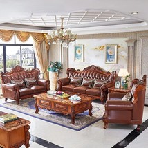 European Luxury Genuine Leather Living Room Sofa Set with Solid Wood Carvings Vi - £5,233.37 GBP+
