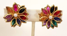 Vintage Floral Bezel Set Clip on Earrings Marquise Crystals Faux Pearls  1&quot; - $17.95
