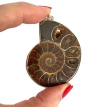 Large Brown Iridescent Ammonite Spiral Fossil Sterling Silver Pendant 2in Long - £102.22 GBP