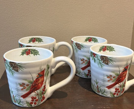 Maxcera set of 4 Christmas Mugs New Red Cardinal  Holly Berries Ceramic - £47.20 GBP
