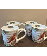 Maxcera set of 4 Christmas Mugs New Red Cardinal  Holly Berries Ceramic - £47.17 GBP