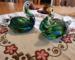 Set 2 Mallard Ducks Art Glass Table Decor Paperweight Multicolored Hobby Lobby - £39.55 GBP