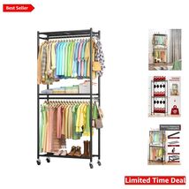 Elegant 79.5'' Black Clothing Rack with Shelves &amp; Wheels for Modern Homes - $116.77