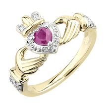 14K Placcato Oro Giallo Rosa Finto Rubino &amp; Diamante Cuore Claddagh Prom... - £67.29 GBP