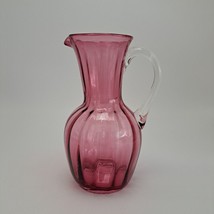 Pilgrim Cranberry Glass Handblown Art Glass Panel Pitcher Vase With Clear Handle - £28.90 GBP