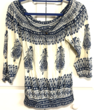 Lucky Brand Womens Blue &amp; Cream Small Boho Chic Top Blouse Shirt - $11.88