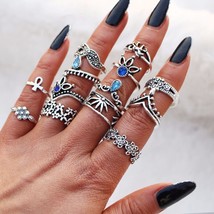 IF ME Bohemian Flower Ring Sets for Women Vintage Retro Silver Color Lotus Stone - £7.96 GBP