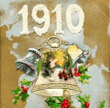 Vtg Postcard 1910 With Best New Year Wishes Gilt Embossed Bell Holly Unused UNP - £6.23 GBP