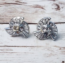 Vintage Screw On Earrings Artsy Silver Tone Halo with Clear Gems - Missing Gem - £5.57 GBP