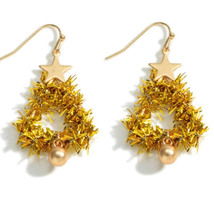 Gold Fuzzy Christmas Tree Drop Earrings with Gold Star Accents - £10.95 GBP