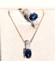 Blue Star Sapphire / Zircon Ring &amp; Pendant Set 20 In. in Platinum Sterling Sz 7 - £87.88 GBP