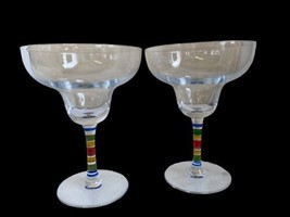 2 - VTG Margarita Glasses/Multi-Colored Hand Painted Rainbow Stem Hand Blown - £18.68 GBP