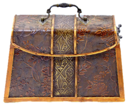 Wood &amp; Leather Purse, Tooled Brass, Vinyl Inlays, Birch Ply Panels, Boho Hippie - £45.41 GBP