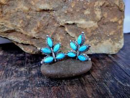 Blue Turquoise Leaf Stud Earrings 925 Sterling Silver, Handmade Women Earrings - £76.40 GBP