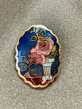 Vintage Blue Enamel w Pink Flowers Goldtone Cloisonne Scalloped Oval Pin Brooch - £8.85 GBP