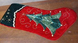 Christmas Stocking Green Red Velvet Embellished Embroidered Tree 18x7 - $16.70