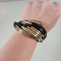 Bracelet Womens Gold Tone Black Cord Multi Strand Curved Bar Toggle - £7.16 GBP