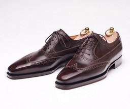 Handmade Men&#39;s Brown Leather Oxfords Wingtip Shoes - £143.69 GBP